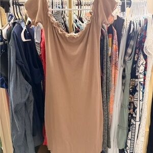 Heart Hips Ribbed Ruffle Neck Dress - Tan